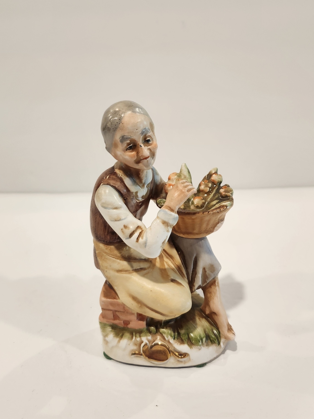 VINTAGE Hand-Painted Ceramic Figurine Elderly Woman with Flower Basket